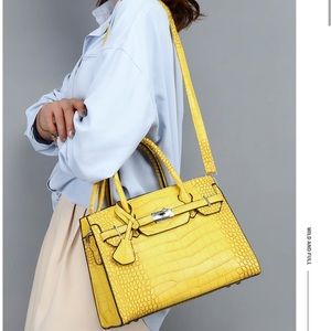 Designer Inspired Birkin Style Faux Croc Vegan Leather Handbag Purse Yellow